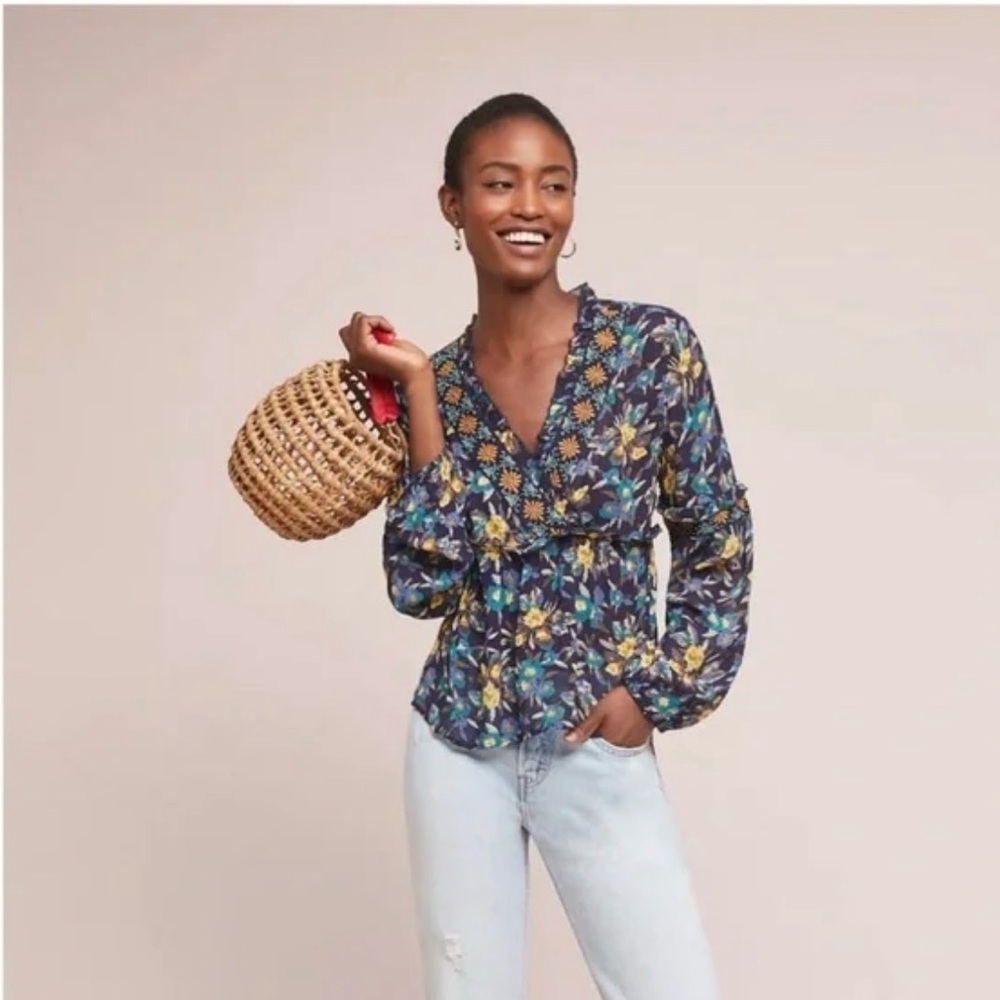 Anthropologie Meadow Rue Floral V-Neck Blouse embroidered